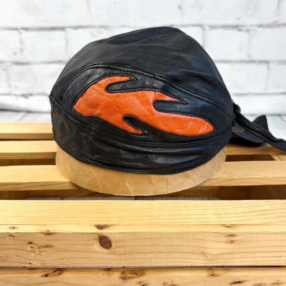 Black Leather Biker Skull Cap / Head Wrap with Orange Flames - Picture 4 of 6